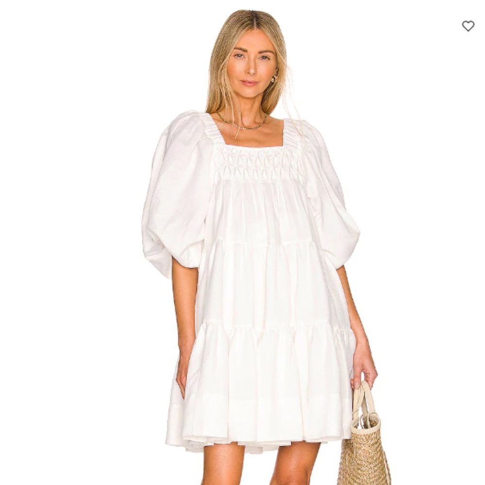 PAULINA LINEN SQUARE NECK TIERED MINI DRESS - White